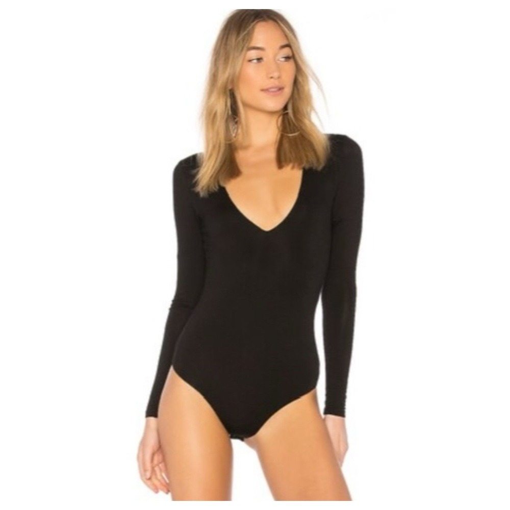 Lovers + Friends Akron Deep V Neck Black Bodysuit‎ Long Sleeve size Small